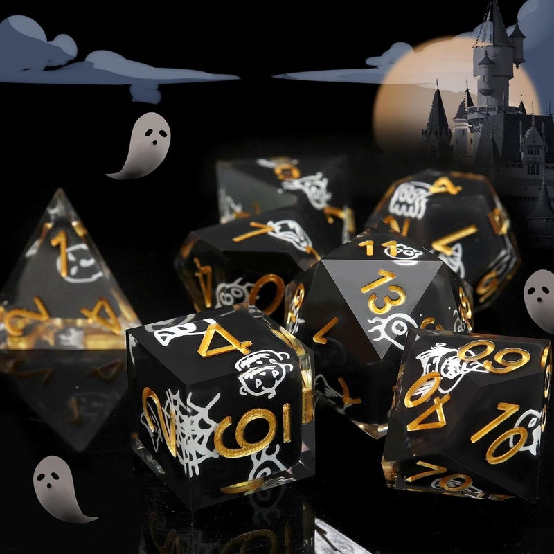Haxtec Sticker Sharp Edge Dice Halloween Dice Resin DND Dice Set 7PCS Glow in The Dark Polyhedral D&D Dice for Compatible with Dungeons and Dragons - Image 2